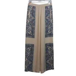 BCBG Maxazria Joan Pants Elegant Cream and Blue Patterned Pull On Wide Leg Sz M